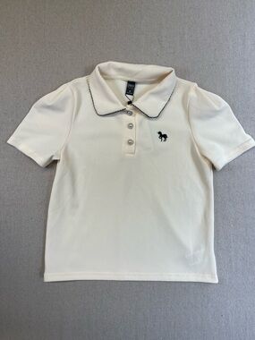 Dazy Cream textured Polo Top Pearl Buttons Horse Embroidered Size M